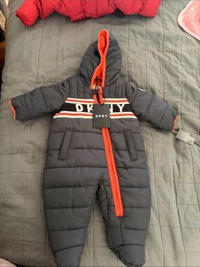 DKNY Gray and Orange Infant Hooded Puffer One-Piece